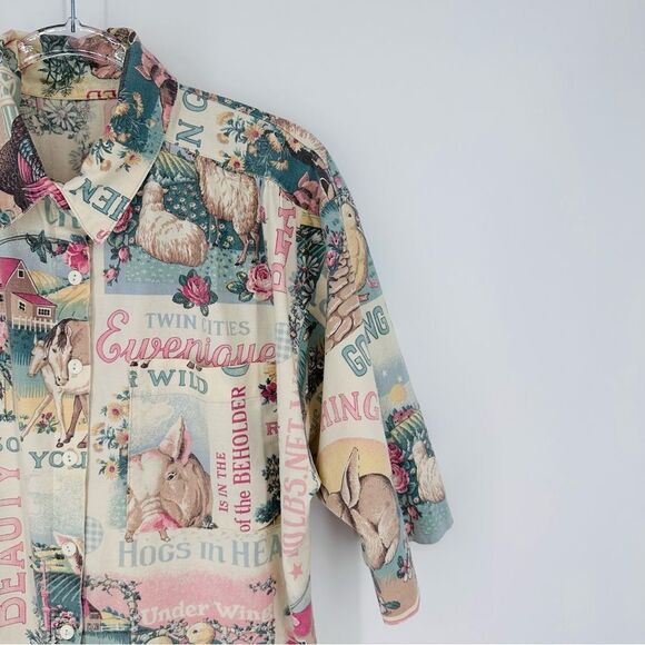 Vintage Farm Print Button Up Shirt Tan Pink Cottagecore Women’s Size Large - Picture 4 of 8